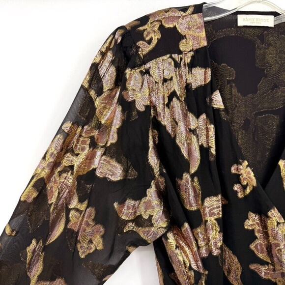 Ramy Brook Womens 8 Metallic Floral Print Long Sleeve V Neck Wrap Top Black Gold - Picture 3 of 10